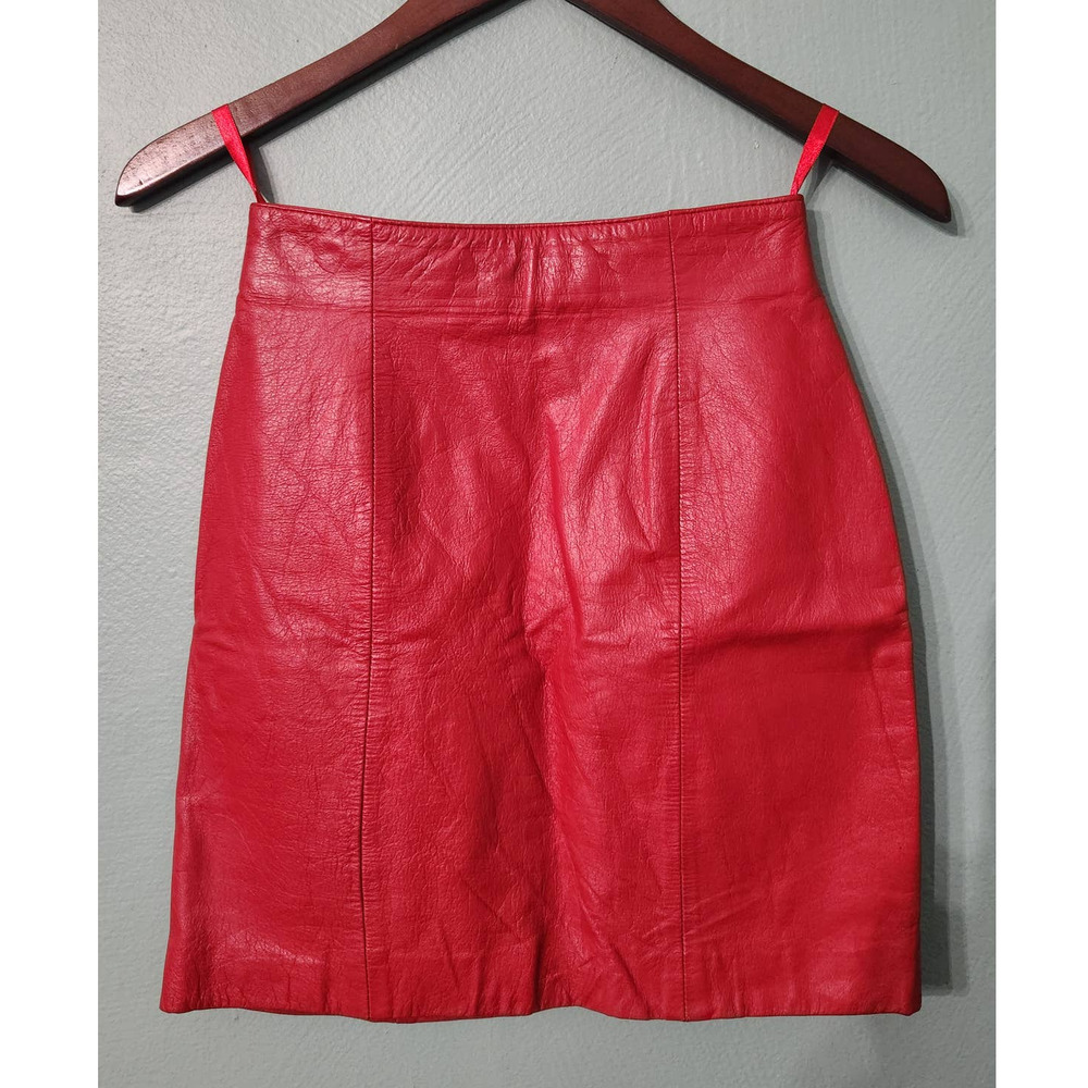 Vintage 90s Chia Red Genuine Leather Mini Skirt Sz 4